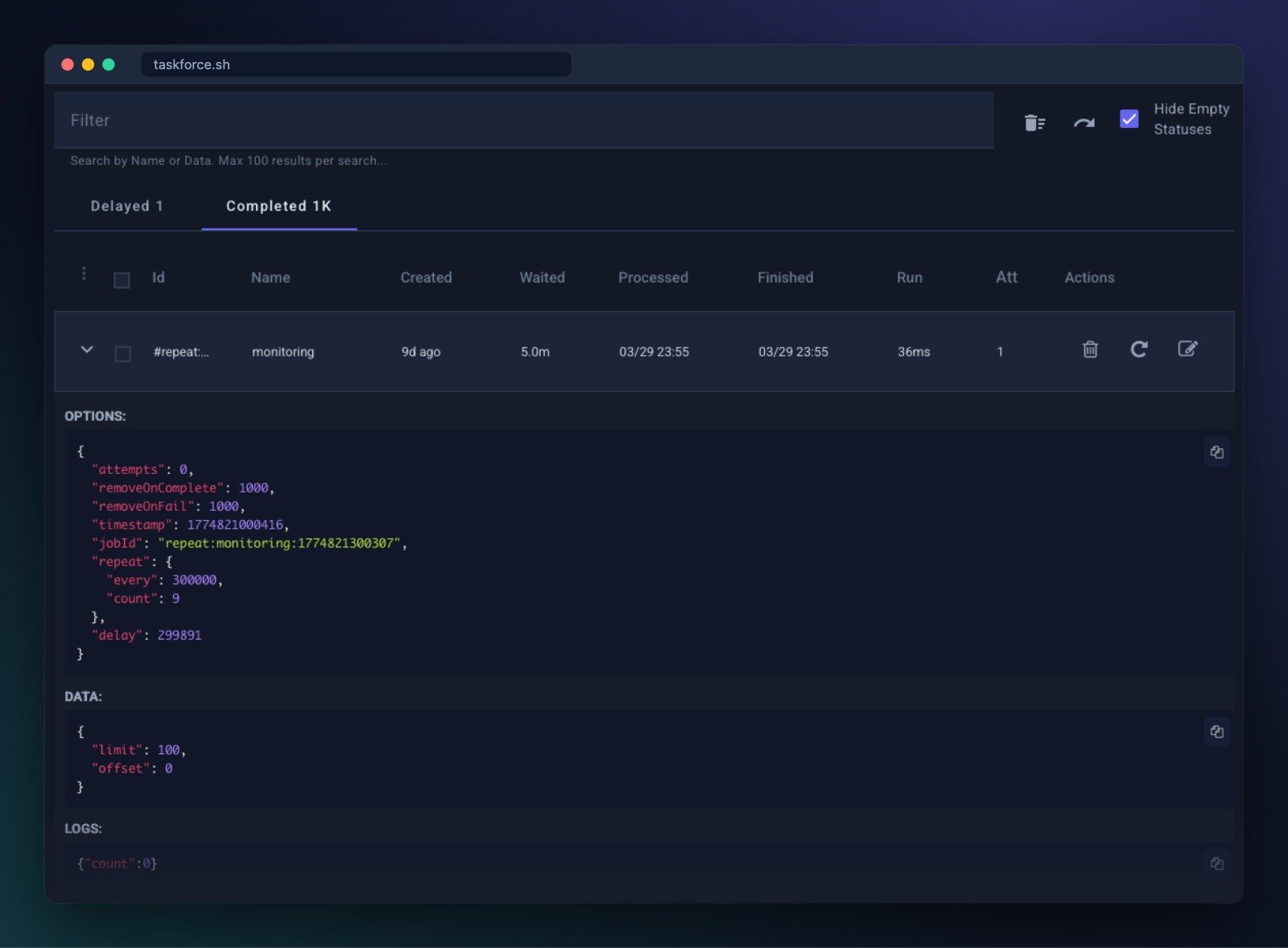 Taskforce.sh: a job expanded to show its options, data and logs