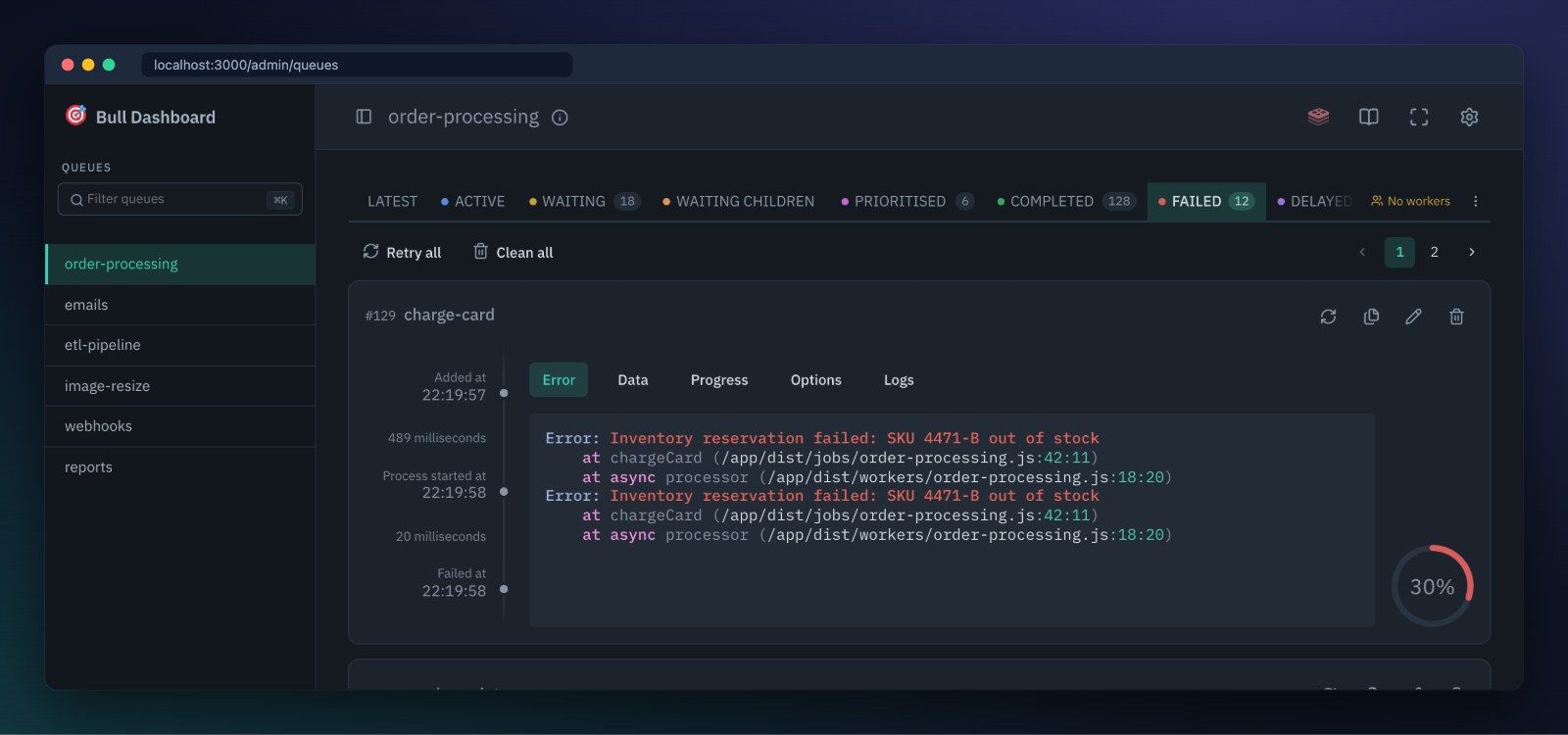Bull Board: a failed job with its error and stack trace, and Retry all for the whole failed list